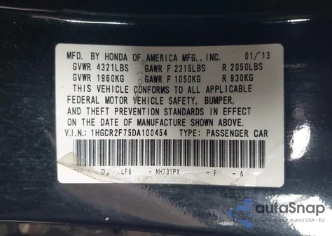 2013 Honda Accord Ex from USA, damaged, VIN 1HGCR2F75DA100454